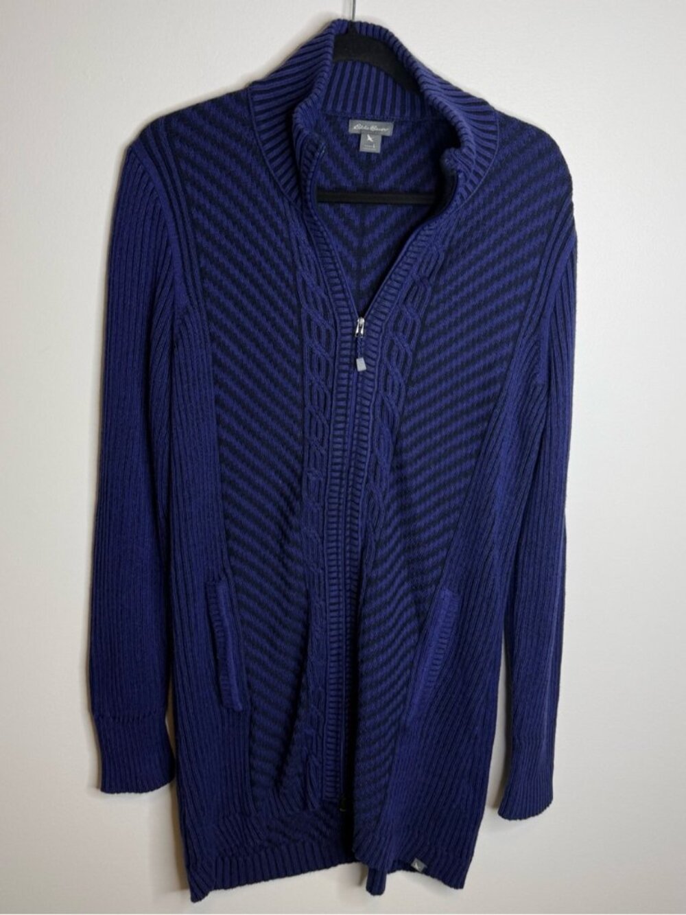 Eddie Bauer Navy Zip-Front Cable Cardigan